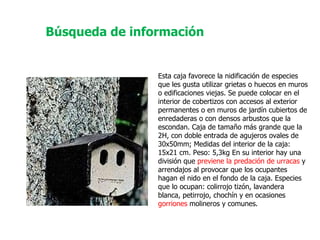 Esta caja favorece la nidificación de especies que les gusta utilizar grietas o huecos en muros o edificaciones viejas. Se puede colocar en el interior de cobertizos con accesos al exterior permanentes o en muros de jardín cubiertos de enredaderas o con densos arbustos que la escondan. Caja de tamaño más grande que la 2H, con doble entrada de agujeros ovales de 30x50mm; Medidas del interior de la caja: 15x21 cm. Peso: 5,3kg En su interior hay una división que  previene la predación de urracas  y arrendajos al provocar que los ocupantes hagan el nido en el fondo de la caja. Especies que lo ocupan: colirrojo tizón, lavandera blanca, petirrojo, chochín y en ocasiones  gorriones  molineros y comunes.  Búsqueda de información 
