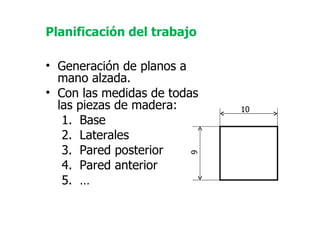 Planificación del trabajo   Generación de planos a mano alzada. Con las medidas de todas las piezas de madera: Base Laterales Pared posterior Pared anterior … 10 9 