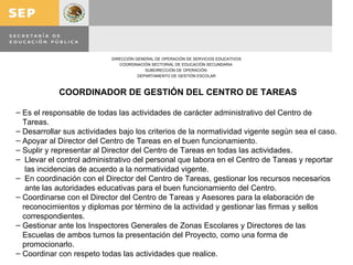 COORDINADOR DE GESTIÓN DEL CENTRO DE TAREAS Es el responsable de todas las actividades de carácter administrativo del Centro de  Tareas. Desarrollar sus actividades bajo los criterios de la normatividad vigente según sea el caso. Apoyar al Director del Centro de Tareas en el buen funcionamiento. Suplir y representar al Director del Centro de Tareas en todas las actividades. Llevar el control administrativo del personal que labora en el Centro de Tareas y reportar las incidencias de acuerdo a la normatividad vigente. En coordinación con el Director del Centro de Tareas, gestionar los recursos necesarios ante las autoridades educativas para el buen funcionamiento del Centro. Coordinarse con el Director del Centro de Tareas y Asesores para la elaboración de reconocimientos y diplomas por término de la actividad y gestionar las firmas y sellos correspondientes. Gestionar ante los Inspectores Generales de Zonas Escolares y Directores de las Escuelas de ambos turnos la presentación del Proyecto, como una forma de  promocionarlo. Coordinar con respeto todas las actividades que realice. 