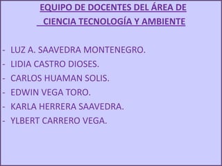 EQUIPO DE DOCENTES DEL ÁREA DE
CIENCIA TECNOLOGÍA Y AMBIENTE
-

LUZ A. SAAVEDRA MONTENEGRO.
LIDIA CASTRO DIOSES.
CARLOS HUAMAN SOLIS.
EDWIN VEGA TORO.
KARLA HERRERA SAAVEDRA.
YLBERT CARRERO VEGA.

 
