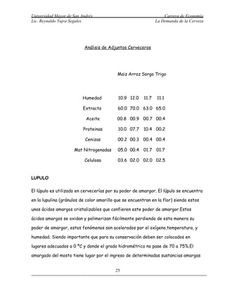 Universidad Mayor de San Andrés                                     Carrera de Economía
Lic. Reynaldo Yujra Segales                                     La Demanda de la Cerveza




                          Análisis de Adjuntos Cerveceros




                                           Maiz Arroz Sorgo Trigo




                          Humedad           10.9 12.0    11.7   11.1

                          Extracto         60.0 70.0 63.0 65.0

                           Aceite          00.8 00.9 00.7 00.4

                          Proteinas         10.0 07.7   10.4 00.2

                           Cenizas         00.2 00.3 00.4 00.4

                     Mat Nitrogenadas      05.0 00.4    01.7 01.7

                           Celulosa        03.6 02.0 02.0 02.5



LUPULO

El lúpulo es utilizado en cervecerías por su poder de amargor. El lúpulo se encuentra

en la lupulina (gránulos de color amarillo que se encuentran en la flor) siendo estos

unos ácidos amargos cristalizables que confieren este poder de amargor.Estos

ácidos amargos se oxidan y polimerizan fácilmente perdiendo de esta manera su

poder de amargor, estos fenómenos son acelerados por el oxígeno,temperatura, y

humedad. Siendo importante que para su conservación deben ser colocados en

lugares adecuados a 0 ºC y donde el grado hidrométrico no pase de 70 a 75%.El

amargado del mosto tiene lugar por el ingreso de determinadas sustancias amargas


                                          25
 