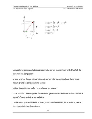 Universidad Mayor de San Andrés                                 Carrera de Economía
Lic. Reynaldo Yujra Segales                                 La Demanda de la Cerveza




Los vectores son magnitudes representadas por un segmento dirigido (flecha). Se

caracterizan por poseer:

a) Una longitud, la que es representada por un valor numérico al que llamaremos

módulo (también se la denomina norma)

b) Una dirección, que es la recta a la que pertenece

c) Un sentido. La recta posee dos sentidos, generalmente estos se indican mediante

signos "+" para un lado y para el otro.

Los vectores pueden situarse el plano, o sea dos dimensiones, en el espacio, desde

tres hasta infinitas dimensiones.

                                          54
 
