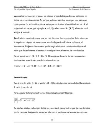 Universidad Mayor de San Andrés                                    Carrera de Economía
Lic. Reynaldo Yujra Segales                                    La Demanda de la Cerveza


Veamos los vectores en el plano, las mismas propiedades pueden ser aplicadas en

todas las otras dimensiones. Es así que podemos escribir su origen y su extremo

como puntos (x, y). La ubicación de estos puntos le dará el sentido al vector. Si el

origen del vector es, por ejemplo, A = (1, 1) y el extremo B = (4, 5), el vector será

AB (de A hasta B).

Resulta interesante destacar que las coordenadas de estos puntos determinan un

triángulo rectángulo, de manera que su módulo puede calcularse aplicando el

teorema de Pitágoras. De manera que la longitud de cada cateto coincide con el

valor que debería tener el vector si su origen fuera el centro de coordenadas.

Es así que al hacer: (4 - 1; 5 - 1) = (3; 4) vemos que la resta de las componentes

horizontales y verticales nos determinan al vector.

(vector) = B - A = (4, 5) - (1, 1) = (4 - 1; 5 - 1) = (3; 4)




Generalicemos:

Sea A = (a, b) y B = (c, d); el vector AB ( ) lo calcularemos haciendo la diferencia de

B - A = (c - a, d - b)

Para calcular la longitud del vector (módulo) aplicamos Pitágoras:.




De aquí en adelante el origen de los vectores será siempre el origen de coordenadas,

por lo tanto se designará a un vector sólo con el punto que determina su extremo.


                                              55
 