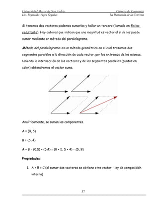 Universidad Mayor de San Andrés                                  Carrera de Economía
Lic. Reynaldo Yujra Segales                                  La Demanda de la Cerveza


Si tenemos dos vectores podemos sumarlos y hallar un tercero (llamado en física:

resultante). Hay autores que indican que una magnitud es vectorial si se los puede

sumar mediante en método del paralelogramo.

Método del paralelogramo: es un método geométrico en el cual trazamos dos

segmentos paralelos a la dirección de cada vector, por los extremos de los mismos.

Uniendo la intersección de los vectores y de los segmentos paralelos (puntos en

color) obtendremos el vector suma.




Analíticamente, se suman las componentes.

A = (0, 5)

B = (5, 4)

A + B = (0,5) + (5,4) = (0 + 5, 5 + 4) = (5, 9)

Propiedades:

   1. A + B = C (al sumar dos vectores se obtiene otro vector - ley de composición

       interna)




                                             57
 
