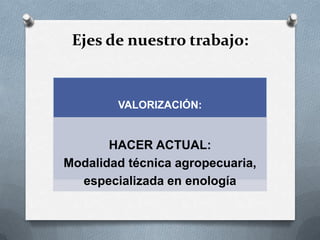 VALORIZACIÓN:
HACER ACTUAL:
Modalidad técnica agropecuaria,
especializada en enología
Ejes de nuestro trabajo:
 