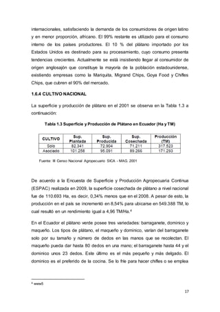 17
internacionales, satisfaciendo la demanda de los consumidores de origen latino
y en menor proporción, africano. El 99% restante es utilizado para el consumo
interno de los países productores. El 10 % del plátano importado por los
Estados Unidos es destinado para su procesamiento, cuyo consumo presenta
tendencias crecientes. Actualmente se está insistiendo llegar al consumidor de
origen anglosajón que constituye la mayoría de la población estadounidense,
existiendo empresas como la Mariquita, Migrand Chips, Goya Food y Chifles
Chips, que cubren el 90% del mercado.
1.6.4 CULTIVO NACIONAL
La superficie y producción de plátano en el 2001 se observa en la Tabla 1.3 a
continuación:
Tabla 1.3 Superficie y Producción de Plátano en Ecuador (Ha y TM)
Fuente: III Censo Nacional Agropecuario SICA - MAG. 2001
De acuerdo a la Encuesta de Superficie y Producción Agropecuaria Continua
(ESPAC) realizada en 2009, la superficie cosechada de plátano a nivel nacional
fue de 110.693 Ha, es decir, 0,34% menos que en el 2008. A pesar de esto, la
producción en el país se incrementó en 8,54% para ubicarse en 549.388 TM, lo
cual resultó en un rendimiento igual a 4,96 TM/Ha.4
En el Ecuador el plátano verde posee tres variedades: barraganete, dominico y
maqueño. Los tipos de plátano, el maqueño y dominico, varían del barraganete
solo por su tamaño y número de dedos en las manos que se recolectan. El
maqueño pueda dar hasta 80 dedos en una mano; el barraganete hasta 44 y el
dominico unos 23 dedos. Este último es el más pequeño y más delgado. El
dominico es el preferido de la cocina. Se lo fríe para hacer chifles o se emplea
4 www5
 