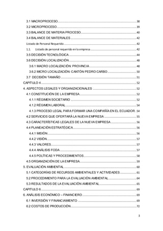 3
3.1 MACROPROCESO................................................................................................38
3.2 MICROPROCESO.................................................................................................39
3.3 BALANCE DE MATERIA PROCESO....................................................................40
3.4 BALANCE DE MATERIALES ................................................................................42
Listado de Personal Requerido ........................................................................................42
1.1. Listado de personal requerido enla empresa........................................................42
3.5 DECISIÓN TECNOLÓGICA ..................................................................................44
3.6 DECISIÓN LOCALIZACIÓN..................................................................................48
3.6.1 MACRO LOCALIZACIÓN: PROVINCIA .........................................................48
3.6.2 MICRO LOCALIZACIÓN: CANTÓN PEDRO CARBO...................................50
3.7 DECISIÓN TAMAÑO ............................................................................................51
CAPITULO 4....................................................................................................................52
4. ASPECTOS LEGALES Y ORGANIZACIONALES .....................................................52
4.1 CONSTITUCIÓN DE LA EMPRESA.....................................................................52
4.1.1 RÉGIMEN SOCIETARIO ................................................................................52
4.1.2 RÉGIMEN LABORAL......................................................................................54
4.1.3 PROCESO LEGAL PARA FORMAR UNA COMPAÑÍA EN EL ECUADOR .54
4.2 SERVICIOS QUE OFERTARÁ LA NUEVA EMPRESA .......................................55
4.3 CARACTERÍSTICAS LEGALES DE LA NUEVA EMPRESA ...............................56
4.4 PLANEACIÓN ESTRATÉGICA.............................................................................56
4.4.1 MISIÓN............................................................................................................56
4.4.2 VISIÓN.............................................................................................................57
4.4.3 VALORES........................................................................................................57
4.4.4 ANÁLISIS FODA .............................................................................................57
4.4.5 POLÍTICAS Y PROCEDIMIENTOS................................................................58
4.5 ORGANIZACIÓN DE LA EMPRESA.....................................................................59
5. EVALUACIÓN AMBIENTAL........................................................................................60
5.1 CATEGORÍAS DE RECURSOS AMBIENTALES Y ACTIVIDADES....................61
5.2 PROCEDIMIENTO PARA LA EVALUACIÓN AMBIENTAL..................................64
5.3 RESULTADOS DE LA EVALUACIÓN AMBIENTAL.............................................65
CAPITULO 6....................................................................................................................69
6. ANÁLISIS ECONÓMICO – FINANCIERO..................................................................69
6.1 INVERSIÓN Y FINANCIAMIENTO .......................................................................69
6.2 COSTOS DE PRODUCCIÓN................................................................................72
 