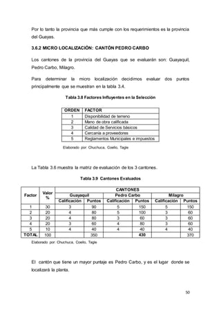 50
Por lo tanto la provincia que más cumple con los requerimientos es la provincia
del Guayas.
3.6.2 MICRO LOCALIZACIÓN: CANTÓN PEDRO CARBO
Los cantones de la provincia del Guayas que se evaluarán son: Guayaquil,
Pedro Carbo, Milagro.
Para determinar la micro localización decidimos evaluar dos puntos
principalmente que se muestran en la tabla 3.4.
Tabla 3.8 Factores Influyentes en la Selección
Elaborado por: Chuchuca, Coello, Tagle
La Tabla 3.6 muestra la matriz de evaluación de los 3 cantones.
Tabla 3.9 Cantones Evaluados
Factor
Valor
%
CANTONES
Guayaquil Pedro Carbo Milagro
Calificación Puntos Calificación Puntos Calificación Puntos
1 30 3 90 5 150 5 150
2 20 4 80 5 100 3 60
3 20 4 80 3 60 3 60
4 20 3 60 4 80 3 60
5 10 4 40 4 40 4 40
TOTAL 100 350 430 370
Elaborado por: Chuchuca, Coello, Tagle
El cantón que tiene un mayor puntaje es Pedro Carbo, y es el lugar donde se
localizará la planta.
ORDEN FACTOR
1 Disponibilidad de terreno
2 Mano de obra calificada
3 Calidad de Servicios básicos
4 Cercanía a proveedores
5 Reglamentos Municipales e impuestos
 