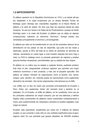 9
1.2 ANTECEDENTES
El plátano apareció en la República Dominicana en 1510, y es desde allí que
fue trasladado a la costa ecuatoriana por un obispo llamado Tomás de
Berlanga quien introdujo dos importantes vegetales en el Nuevo Mundo, el
plátano y la caña de azúcar. Se dice que trajo las especies desde las islas
Canarias. Ya sea por honrar a la Orden de los Predicadores o porque de Santo
Domingo pasó a la costa del Ecuador, el plátano que se utiliza en algunas
composiciones culinarias se denomina “dominico”. Aunque existen dos
variedades principalmente el dominico y el barraganete.
El plátano por años se ha transformado en uno de los productos básicos de la
alimentación de los países en vías de desarrollo, que junto con las raíces y
tubérculos, aporta el 40% del total de la oferta de alimentos en términos de
calorías, ubicándose en cuarto lugar a nivel mundial, después del arroz, trigo y
maíz. La FAO lo cataloga como un producto generador de ingresos y empleo
para las familias campesinas, permitiéndoles que su calidad de vida mejore.
El plátano es un cultivo que se adapta a cualquier terreno, pudiendo producir
fruto todo el año, asegurándole continuos ingresos que permitan una mayor
solvencia económica a todo producto, y más aún al pequeño agricultor. Del
plátano se extraen infinidad de subproductos como el alcohol, vino, harina,
vinagre, puré, almidón, etc. Además puede ser aprovechado como suplemento
alimenticio de animales. Uno de los subproductos más famosos es el chifle.
Los chifles son un tipo de snack que provienen principalmente de Ecuador y
Perú. Estos son apetecidos dentro del mercado local y también en el
extranjero. En el Ecuador, el chifle de plátano, se ha constituido como uno de
los productos autóctonos de mayor consumo, por ser una deliciosa y nutritiva
hojuela (chip) provenientes de plátanos sanos cosechados cuidadosamente a
mano, para posteriormente ser rebanados y dorados en aceites vegetales, cuyo
origen es natural.
Ecuador está exportando actualmente por sobre los 3 millones de dólares
anuales, lo que convierte a esta cifra en una cantidad significativa para el agro-
negocio local. Es una actividad que genera alrededor de 300.000 empleos
 