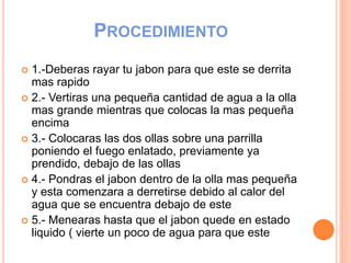 PROCEDIMIENTO
 1.-Deberas rayar tu jabon para que este se derrita
mas rapido
 2.- Vertiras una pequeña cantidad de agua a la olla
mas grande mientras que colocas la mas pequeña
encima
 3.- Colocaras las dos ollas sobre una parrilla
poniendo el fuego enlatado, previamente ya
prendido, debajo de las ollas
 4.- Pondras el jabon dentro de la olla mas pequeña
y esta comenzara a derretirse debido al calor del
agua que se encuentra debajo de este
 5.- Menearas hasta que el jabon quede en estado
liquido ( vierte un poco de agua para que este
 