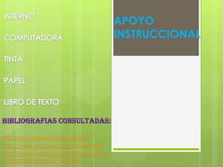 APOYO
INSTRUCCIONAL

BIBLIOGRAFIAS CONSULTADAS:
http://es.wikipedia.org/wiki/Sida
http://www.aids-sida.org/vihsida.html
http://es.wikipedia.org/wiki/Virus_de_la
_inmunodeficiencia_humana

 