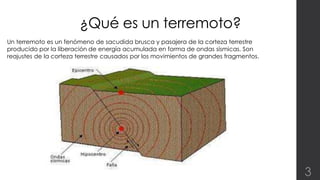 ¿Qué es un terremoto? 
Un terremoto es un fenómeno de sacudida brusca y pasajera de la corteza terrestre 
producido por la liberación de energía acumulada en forma de ondas sísmicas. Son 
reajustes de la corteza terrestre causados por los movimientos de grandes fragmentos. 
3 
 