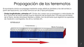 Propagación de los terremotos 
El movimiento sísmico se propaga mediante ondas elásticas (similares a las del sonido) a 
partir del hipocentro. Las ondas sísmicas son de 3 tipos principales: 
• Ondas longitudinales, primarias o P. Ondas de cuerpo que se propagan a velocidades de 
8 a 13 km/s en el mismo sentido que la vibración de las partículas. Circulan por el interior 
de la Tierra, donde atraviesan líquidos y sólidos. Son las primeras que registran los aparatos 
de medición o sismógrafos. De ahí su nombre «P». 
7 
 