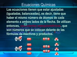 Ecuaciones Químicas
Las ecuaciones tienen que estar ajustadas
(igualadas, balanceadas), es decir, tiene que
haber el mismo número de átomos de cada
elemento a ambos lados de la flecha. Se utilizan
entonces, coeficientes estequiométricos, que
son números que se colocan delante de las
fórmulas de reactivos y productos.
3 2 3CH3CH2OH + O2 CO2 + H2O
Ejemplo: Combustión de etanol
 
