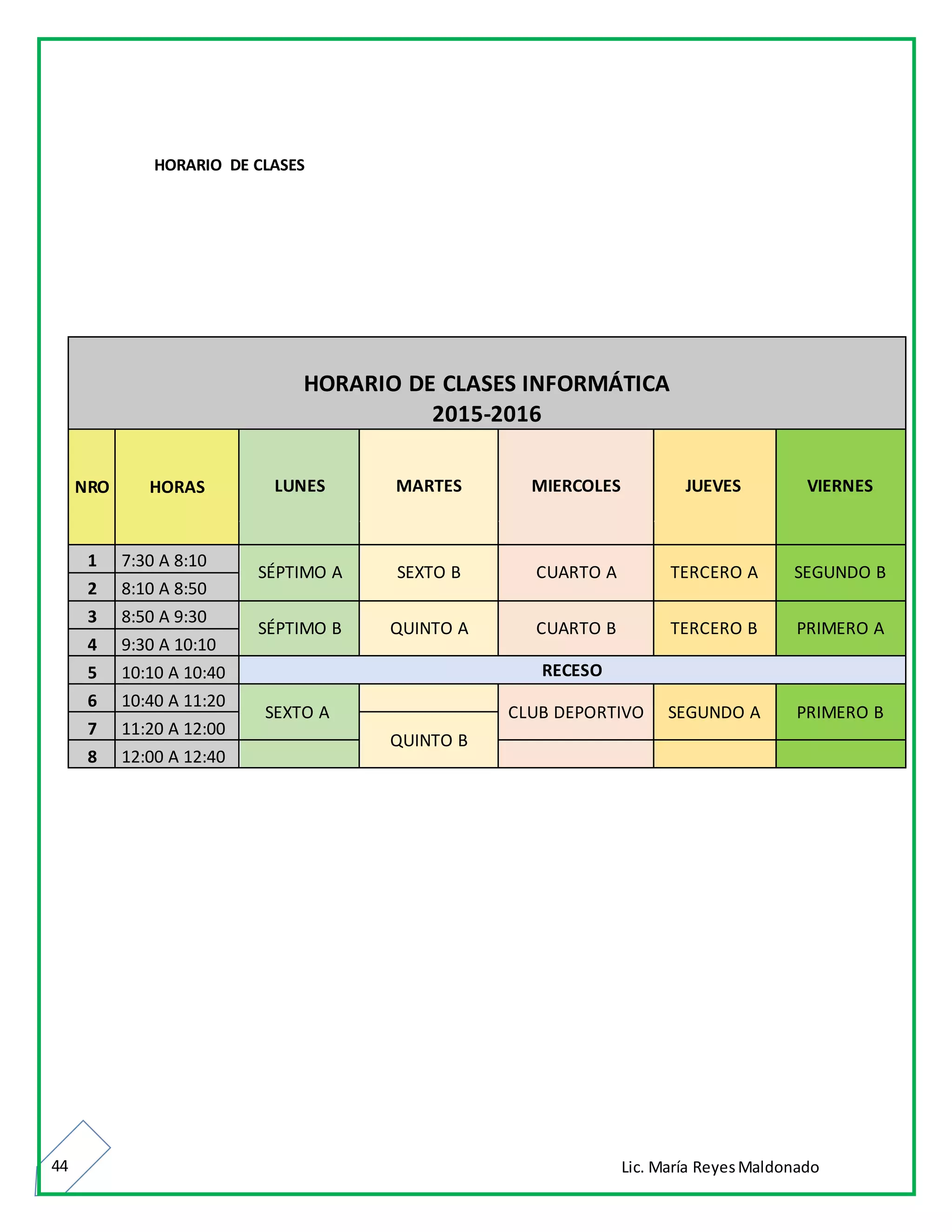 Lic. María ReyesMaldonado44
HORARIO DE CLASES
HORARIO DE CLASES INFORMÁTICA
2015-2016
NRO HORAS LUNES MARTES MIERCOLES JUEVES VIERNES
1 7:30 A 8:10
SÉPTIMO A SEXTO B CUARTO A TERCERO A SEGUNDO B
2 8:10 A 8:50
3 8:50 A 9:30
SÉPTIMO B QUINTO A CUARTO B TERCERO B PRIMERO A
4 9:30 A 10:10
5 10:10 A 10:40 RECESO
6 10:40 A 11:20
SEXTO A CLUB DEPORTIVO SEGUNDO A PRIMERO B
7 11:20 A 12:00
QUINTO B
8 12:00 A 12:40
 