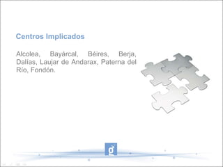 Centros Implicados

Alcolea, Bayárcal, Béires, Berja,
Dalías, Laujar de Andarax, Paterna del
Río, Fondón.
 