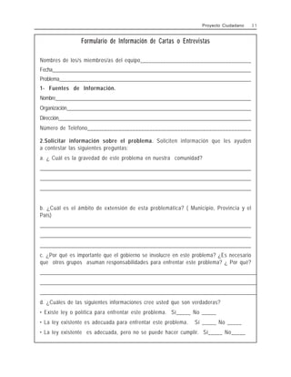 Formulario de Información de Cartas o Entrevistas
Nombres de los/s miembros/as del equipo_______________________________________
Fecha________________________________________________________________________________
Problema____________________________________________________________________________
1- Fuentes de Información.
Nombre__________________________________________________________________________________
Organización_________________________________________________________________________
Dirección_____________________________________________________________________________
Número de Teléfono__________________________________________________________
2.Solicitar información sobre el problema. Soliciten información que les ayuden
a contestar las siguientes preguntas:
a. ¿ Cuál es la gravedad de este problema en nuestra comunidad?
________________________________________________________________________________________________
________________________________________________________________________________________________
________________________________________________________________________________________________
b. ¿Cuál es el ámbito de extensión de esta problemática? ( Municipio, Provincia y el
País)
________________________________________________________________________________________________
________________________________________________________________________________________________
________________________________________________________________________________________________
c. ¿Por qué es importante que el gobierno se involucre en este problema? ¿Es necesario
que otros grupos asuman responsabilidades para enfrentar este problema? ¿ Por qué?
________________________________________________________________________________________________
________________________________________________________________________________________________
________________________________________________________________________________________________
d. ¿Cuáles de las siguientes informaciones cree usted que son verdaderas?
• Existe ley o política para enfrentar este problema. Sí_____ No _____
• La ley existente es adecuada para enfrentar este problema. Sí _____ No _____
• La ley existente es adecuada, pero no se puede hacer cumplir. Sí_____ No_____
Proyecto Ciudadano 3 1
 
