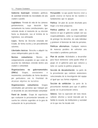 Gobierno municipal– Unidades políticas
de autoridad sirviendo las necesidades de una
ciudad o pueblo.
Legislatura– Período de vida de las cámaras
parlamentarias, cuya duración fijan
normalmente los textos constitucionales, que
extiende desde el momento de su elección
hasta su disolución, sea al término de la
legislatura, sea anticipada.
Leyes– Norma de Derecho emanada del
Estado, de forma escrita y con procedimiento
solemne.
Libertades básicas- Derecho a adquirir las
cosas indispensables para la vida.
Normas comunitarias- Niveles de
comportamiento aceptable en que están de
acuerdo los individuos viviendo dentro una
ciudad o comunidad.
Organizaciones no gubernamentales
(ONGs)- Grupos, asociaciones o
movimientos constituidos de forma duradera
por particulares con la finalidad de
alcanzar objetivo no lucrativo.
Organizaciones comunitarias- Grupos
constituidos por personas que trabajan por
el desarrollo de una determinada comunidad.
Panel de Jurado.- Grupo de expertos/as
que evaluarán la presentación tomando en
cuenta los criterios sugeridos en la guía de
evaluación de la presentación.
Persuasible- Lo que puede hacerse creer y
puede creerse en fuerza de las razones o
fundamentos que lo apoyan.
Política- Un plan de acción diseñado para
llegar a la meta propuesta.
Política pública- Un acuerdo sobre la
manera en que el gobierno cumple con sus
responsabilidades, como su responsabilidad
de proteger los derechos, de cada individuo
y promover el bienestar de toda las personas.
Políticas alternativas- Cualquier número
de maneras posibles de enfrentar una
necesidad o problema particular.
Plan de acción- Actividades a desarrollar
para hacer demostrar como puede influir el
grupo en el gobierno para que conozca y
tome en cuenta la política propuesta.
Sección de documentación- La parte de
la presentación que contiene anotaciones
seleccionadas de la investigación del equipo
al igual que sus formas originales.
Sección de exhibición- La parte de la
presentación montada para que el público
pueda ver la presentación entera.
Valores- Son la expresión del tono moral,
cultural, afectivo y social marcado por la
familia la escuela, las instituciones y sociedad
en la que nos ha tocado vivir.
5 4 Proyecto Ciudadano
 