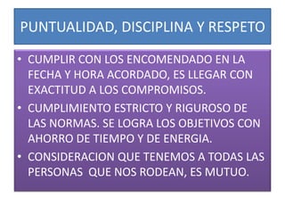 PUNTUALIDAD, DISCIPLINA Y RESPETO
• CUMPLIR CON LOS ENCOMENDADO EN LA
  FECHA Y HORA ACORDADO, ES LLEGAR CON
  EXACTITUD A LOS COMPROMISOS.
• CUMPLIMIENTO ESTRICTO Y RIGUROSO DE
  LAS NORMAS. SE LOGRA LOS OBJETIVOS CON
  AHORRO DE TIEMPO Y DE ENERGIA.
• CONSIDERACION QUE TENEMOS A TODAS LAS
  PERSONAS QUE NOS RODEAN, ES MUTUO.
 