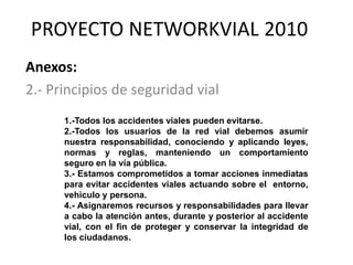 PROYECTO NETWORKVIAL 2010
Anexos:
2.- Principios de seguridad vial
      1.-Todos los accidentes viales pueden evitarse.
      2.-Todos los usuarios de la red vial debemos asumir
      nuestra responsabilidad, conociendo y aplicando leyes,
      normas y reglas, manteniendo un comportamiento
      seguro en la vía pública.
      3.- Estamos comprometidos a tomar acciones inmediatas
      para evitar accidentes viales actuando sobre el entorno,
      vehìculo y persona.
      4.- Asignaremos recursos y responsabilidades para llevar
      a cabo la atención antes, durante y posterior al accidente
      vial, con el fin de proteger y conservar la integridad de
      los ciudadanos.
 