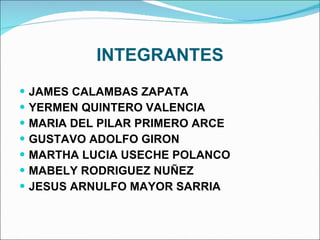 INTEGRANTES JAMES CALAMBAS ZAPATA YERMEN QUINTERO VALENCIA MARIA DEL PILAR PRIMERO ARCE GUSTAVO ADOLFO GIRON MARTHA LUCIA USECHE POLANCO MABELY RODRIGUEZ NUÑEZ JESUS ARNULFO MAYOR SARRIA 