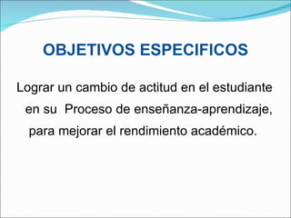OBJETIVOS ESPECIFICOS Lograr un cambio de actitud en el estudiante en su  Proceso de enseñanza-aprendizaje,  para mejorar el rendimiento académico. 