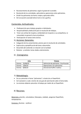  Reconocimiento de polinomios según el grado de la variable.
 Resolución de las actividades, aplicando las operaciones entre polinomios.
 Dividir los polinomios de forma simple y aplicando ruffini.
 De la ecuación asociada halla el cero o raíz y grafica.
Contenidos Actitudinales:
 Predisposición para trabajos grupales e individuales.
 Responsabilidad y dedicación para la resolución de trabajos.
 Tener una actitud de respeto y solidaridad con respecto a sus compañeros, la
comunidad en general y hacia el profesor.
 Participación en tareas extra áulicas.
5) Acciones Generales:
 Indagación de los conocimientos previos para la resolución de actividades.
 Explicación y ejemplificación del tema a desarrollar.
 Desarrollo del contenido en relación con la realidad.
 Retomar y controlar temas dados anteriormente.
6) Cronograma:
DÍA TEMA
Viernes 25/08/10 Definición de polinomio. Clasificación
Viernes 1/09/10 Operaciones con polinomios
Viernes 8/09/10 División de Ruffini. Gráfico
7) Metodología:
 Se va a presentar el tema “polinomios” a través de un PowerPoint.
 Se le proveerá a cada alumno de una guía de ejercitación sobre el tema dado.
 Los alumnos deberán presentar el trabajo por medio de un PowerPoint.
8) Recursos:
Materiales: pizarrón, calculadoras, fotocopias, notebok, programa PowerPoint,
retroproyector.
Humanos: Alumnos – profesor
 