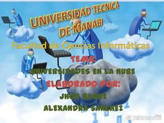 UNIVERSIDAD TECNICA DE MANABI TEMA: UNIVERSIDADES EN LA NUBE ELABORADO POR: JHON BAQUE  ALEXANDRA SANCHEZ Facultad de Ciencias Informáticas 