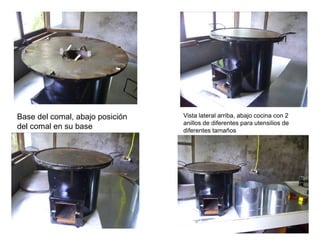Base del comal, abajo posición   Vista lateral arriba, abajo cocina con 2
                                 anillos de diferentes para utensilios de
del comal en su base             diferentes tamaños
 