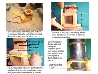 Base
                                                                                       7”



Este es un codo terminado, con su base              Se mide la altura y lo ancho (fig. A) del
ya ajustada, la flecha indica la otra mitad         codo para hacer el hoyo en el barril, lo
del ladrillo como soporte, atrás del codo           mas ajustado posible

                           Sobrante de los     Se mide la parte
                           cortes en L         donde saldrá el
                                               codo para
                           Del primer
                                               cuidando ser lo
                           paso
                                               mas exacto posible
                                               esta es una parte
                                               critica para la
                                               durabilidad de la
                                               cocina

                                                Abertura de
Fig. A. las piezas indicadas por las flechas    7”x7”
son los sobrantes de los cortes en L con
un ligero saque para soportar el relleno
 