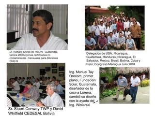 Dr. Richard Grineli de HELPS Gustemala,
fabrica 2000 cocinas certificadas no
                                                    Delegados de USA, Nicaragua,
contaminantes mensuales para diferentes             Guatemala, Honduras, Nicaragua, El
ONG´S                                               Salvador, Mexico, Brasil, Bolivia, Cuba y
                                                    Perú, Congreso Managua Julio 2007

                                          Ing. Manuel Tay
                                          Oroxom, primer
                                          plano, Fundación
                                          Solar, Guatemala,
                                          diseñador de la
                                          cocina Lorena,
                                          cambió su diseño
                                          con la ayuda del
                                          Ing. Winiarski
Sr. Stuart Conway TWP y David
Whitfield CEDESAL Bolivia
 