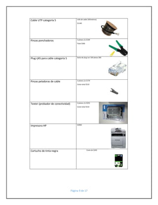 Cable UTP categoría 5 rollo de cable (305metros) 
$1140 
Pinzas ponchadoras 3 piezas c/u $100 
Total $300 
Plug rj45 para cable categoría 5 bolsa de plug con 100 piezas $90 
Pinzas peladoras de cable 3 piezas c/u $170 
Costo total $510 
Texter (probador de conectividad) 2 piezas c/u $255 
Costo total $510 
Impresora HP $3900 
Cartucho de tinta negra Costo de $240 
Página 9 de 17 
 