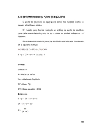 5.15 DETERMINACION DEL PUNTO DE EQUILIBRIO

     El punto de equilibrio es aquel punto donde los Ingresos totales se
igualan a los Costes totales.

     En nuestro caso hemos realizado un análisis de punto de equilibrio
para cada una de las categorías de los cocteles sin alcohol elaborados por
nosotros.

     Para determinar nuestro punto de equilibrio operativo nos basaremos
en la siguiente fórmula:




Donde:

Utilidad: 0

P= Precio de Venta

Q=Unidades de Equilibrio

CF= Costo Fijo

CV= Costo Variable = C*Q

Entonces:




                                                                      124
 