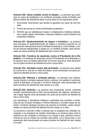 PROYECTO DE CÓDIGO ORGÁNICO INTEGRAL PENAL




Artículo 330.- Actos hostiles contra el Estado.- La persona que parti-
cipe en actos de hostilidad o en conflictos armados contra el Estado con
pena privativa de libertad de ocho a once años en los siguientes casos:
1. Suministrar información que facilite la agresión por parte de otro Es-
   tado.
2. Tomar las armas en contra del Estado ecuatoriano.
3. Permitir que se establezcan bases o instalaciones militares extranje-
   ras o cedan bases nacionales o fuerzas militares a otros Estados con
   propósitos militares.

Artículo 331.- Quebrantamiento de tregua o armisticio.- La persona
que provoque el quebrantamiento de tregua o armisticio previsto en un
instrumento internacional entre el Estado ecuatoriano y otro Estado, o en-
tre las fuerzas beligerantes o partes en un conflicto armado, será sancio-
nada con pena privativa de libertad de tres a cinco años.

Artículo 332.- Tentativa de asesinato contra el Presidente de la Re-
pública.- La tentativa de asesinato contra el Presidente de la República o
la persona que se hallare ejerciendo la función ejecutiva, será sanciona-
da con pena privativa de libertad de ocho a doce años.

Artículo 333.- Atentado contra Jefe de Estado.- La persona que atente
en contra de la vida de un Jefe de Estado, será sancionada con pena pri-
vativa de libertad de tres a cinco años.

Artículo 334.- Ofensas a símbolos patrios.- La persona que pública-
mente ofenda o cometa cualquier burla u ofensa, con palabra o acciones,
contra la Bandera, el Escudo o el Himno Nacional, será sancionada con
pena privativa de libertad de seis meses a un año.

Artículo 335.- Sedición.- La persona que empleando armas, pretenda
impedir transitoriamente el libre funcionamiento del régimen constitucio-
nal o legal vigente será sancionada con pena de privación de libertad de
tres a cinco años.
Las servidoras o servidores militares o policiales que incitaren a miem-
bros de las Fuerzas Armadas o Policía Nacional a cometer actos de se-
dición o hicieren apología de ella o de quienes la cometen, serán sancio-
nadas con pena privativa de libertad de seis meses a un año.
La servidora o servidor militar o policial que no adoptare las medidas ne-
cesarias o no empleare los medios racionales a su alcance para evitar la
sedición en las unidades o servicios a su mando o que, teniendo conoci-
miento de que se tratare de cometer este delito, no lo denunciare a sus
superiores será sancionada con pena privativa de libertad de seis meses
a un año.

                PRIMER DEBATE | COMISIÓN DE JUSTICIA Y ESTRUCTURA DEL ESTADO | 13 de junio de 2012 | Pág.   130 de 378
 