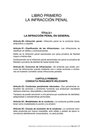 LIBRO PRIMERO
             LA INFRACCIÓN PENAL


                       TÍTULO I
           LA INFRACCIÓN PENAL EN GENERAL

Artículo 20.- Infracción penal.- Infracción penal es la conducta típica,
antijurídica y culpable.

Artículo 21.- Clasificación de las infracciones.- Las infracciones se
clasifican en delitos y contravenciones.
Delito es la infracción penal sancionada con pena privativa de libertad
mayor a treinta días.
Contravención es la infracción penal sancionada con pena no privativa de
libertad o privativa de libertad de hasta treinta días.

Artículo 22.- Concurso de infracciones.- Se entiende que existe con-
curso de infracciones cuando mediante una o varias acciones u omisio-
nes se hubieren cometido varias infracciones penales.


                   CAPÍTULO PRIMERO
             CONDUCTA PENALMENTE RELEVANTE

Artículo 23.- Conductas penalmente relevantes.- Son penalmente re-
levantes las acciones u omisiones humanas que produzcan resultados
dañosos externos, descriptibles y demostrables.
Tampoco se puede sancionar a una persona por cuestiones de identidad,
peligrosidad o características personales.

Artículo 24.- Modalidades de la conducta.- La conducta punible puede
tener como modalidades la acción y la omisión.

Artículo 25.- Causas de exclusión de la conducta.- La conducta inevi-
table producida por fuerza irresistible, acto reflejo o estado de plena in-
conciencia debidamente comprobados, no será punible.




                 PRIMER DEBATE | COMISIÓN DE JUSTICIA Y ESTRUCTURA DEL ESTADO | 13 de junio de 2012 | Pág.   34 de 378
 