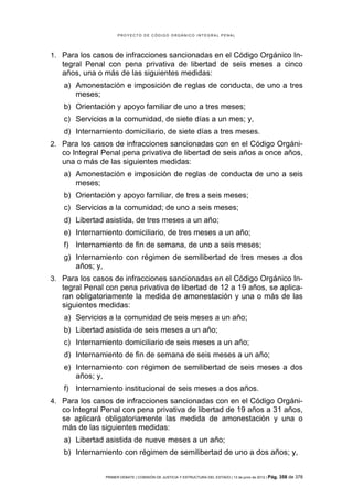 PROYECTO DE CÓDIGO ORGÁNICO INTEGRAL PENAL




1. Para los casos de infracciones sancionadas en el Código Orgánico In-
   tegral Penal con pena privativa de libertad de seis meses a cinco
   años, una o más de las siguientes medidas:
   a) Amonestación e imposición de reglas de conducta, de uno a tres
      meses;
   b) Orientación y apoyo familiar de uno a tres meses;
   c) Servicios a la comunidad, de siete días a un mes; y,
   d) Internamiento domiciliario, de siete días a tres meses.
2. Para los casos de infracciones sancionadas con en el Código Orgáni-
   co Integral Penal pena privativa de libertad de seis años a once años,
   una o más de las siguientes medidas:
   a) Amonestación e imposición de reglas de conducta de uno a seis
      meses;
   b) Orientación y apoyo familiar, de tres a seis meses;
   c) Servicios a la comunidad; de uno a seis meses;
   d) Libertad asistida, de tres meses a un año;
   e) Internamiento domiciliario, de tres meses a un año;
   f) Internamiento de fin de semana, de uno a seis meses;
   g) Internamiento con régimen de semilibertad de tres meses a dos
      años; y,
3. Para los casos de infracciones sancionadas en el Código Orgánico In-
   tegral Penal con pena privativa de libertad de 12 a 19 años, se aplica-
   ran obligatoriamente la medida de amonestación y una o más de las
   siguientes medidas:
   a) Servicios a la comunidad de seis meses a un año;
   b) Libertad asistida de seis meses a un año;
   c) Internamiento domiciliario de seis meses a un año;
   d) Internamiento de fin de semana de seis meses a un año;
   e) Internamiento con régimen de semilibertad de seis meses a dos
      años; y,
   f) Internamiento institucional de seis meses a dos años.
4. Para los casos de infracciones sancionadas con en el Código Orgáni-
   co Integral Penal con pena privativa de libertad de 19 años a 31 años,
   se aplicará obligatoriamente las medida de amonestación y una o
   más de las siguientes medidas:
   a) Libertad asistida de nueve meses a un año;
   b) Internamiento con régimen de semilibertad de uno a dos años; y,


               PRIMER DEBATE | COMISIÓN DE JUSTICIA Y ESTRUCTURA DEL ESTADO | 13 de junio de 2012 | Pág.   358 de 378
 