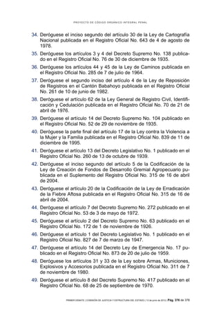 PROYECTO DE CÓDIGO ORGÁNICO INTEGRAL PENAL




34. Deróguese el inciso segundo del artículo 30 de la Ley de Cartografía
    Nacional publicada en el Registro Oficial No. 643 de 4 de agosto de
    1978.
35. Deróguese los artículos 3 y 4 del Decreto Supremo No. 138 publica-
    do en el Registro Oficial No. 76 de 30 de diciembre de 1935.
36. Deróguese los artículos 44 y 45 de la Ley de Caminos publicada en
    el Registro Oficial No. 285 de 7 de julio de 1964.
37. Deróguese el segundo inciso del artículo 4 de la Ley de Reposición
    de Registros en el Cantón Babahoyo publicada en el Registro Oficial
    No. 261 de 10 de junio de 1982.
38. Deróguese el artículo 62 de la Ley General de Registro Civil, Identifi-
    cación y Cedulación publicada en el Registro Oficial No. 70 de 21 de
    abril de 1976.
39. Deróguese el artículo 14 del Decreto Supremo No. 104 publicado en
    el Registro Oficial No. 52 de 29 de noviembre de 1935.
40. Deróguese la parte final del artículo 17 de la Ley contra la Violencia a
    la Mujer y la Familia publicada en el Registro Oficial No. 839 de 11 de
    diciembre de 1995.
41. Deróguese el artículo 13 del Decreto Legislativo No. 1 publicado en el
    Registro Oficial No. 260 de 13 de octubre de 1939.
42. Deróguese el inciso segundo del artículo 5 de la Codificación de la
    Ley de Creación de Fondos de Desarrollo Gremial Agropecuario pu-
    blicada en el Suplemento del Registro Oficial No. 315 de 16 de abril
    de 2004.
43. Deróguese el artículo 20 de la Codificación de la Ley de Erradicación
    de la Fiebre Aftosa publicada en el Registro Oficial No. 315 de 16 de
    abril de 2004.
44. Deróguese el artículo 7 del Decreto Supremo No. 272 publicado en el
    Registro Oficial No. 53 de 3 de mayo de 1972.
45. Deróguese el artículo 2 del Decreto Supremo No. 63 publicado en el
    Registro Oficial No. 172 de 1 de noviembre de 1926.
46. Deróguese el artículo 1 del Decreto Legislativo No. 1 publicado en el
    Registro Oficial No. 827 de 7 de marzo de 1947.
47. Deróguese el artículo 14 del Decreto Ley de Emergencia No. 17 pu-
    blicado en el Registro Oficial No. 873 de 20 de julio de 1959.
48. Deróguese los artículos 31 y 33 de la Ley sobre Armas, Municiones,
    Explosivos y Accesorios publicada en el Registro Oficial No. 311 de 7
    de noviembre de 1980.
49. Deróguese el artículo 8 del Decreto Supremo No. 417 publicado en el
    Registro Oficial No. 68 de 25 de septiembre de 1970.

                PRIMER DEBATE | COMISIÓN DE JUSTICIA Y ESTRUCTURA DEL ESTADO | 13 de junio de 2012 | Pág.   376 de 378
 