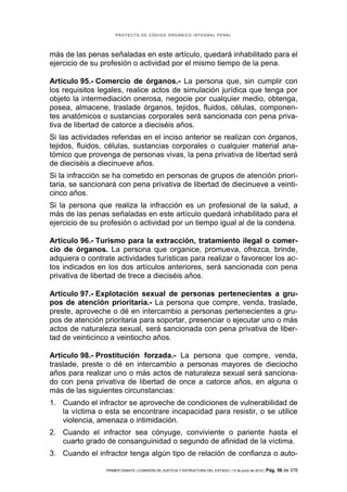 PROYECTO DE CÓDIGO ORGÁNICO INTEGRAL PENAL




más de las penas señaladas en este artículo, quedará inhabilitado para el
ejercicio de su profesión o actividad por el mismo tiempo de la pena.

Artículo 95.- Comercio de órganos.- La persona que, sin cumplir con
los requisitos legales, realice actos de simulación jurídica que tenga por
objeto la intermediación onerosa, negocie por cualquier medio, obtenga,
posea, almacene, traslade órganos, tejidos, fluidos, células, componen-
tes anatómicos o sustancias corporales será sancionada con pena priva-
tiva de libertad de catorce a dieciséis años.
Si las actividades referidas en el inciso anterior se realizan con órganos,
tejidos, fluidos, células, sustancias corporales o cualquier material ana-
tómico que provenga de personas vivas, la pena privativa de libertad será
de dieciséis a diecinueve años.
Si la infracción se ha cometido en personas de grupos de atención priori-
taria, se sancionará con pena privativa de libertad de diecinueve a veinti-
cinco años.
Si la persona que realiza la infracción es un profesional de la salud, a
más de las penas señaladas en este artículo quedará inhabilitado para el
ejercicio de su profesión o actividad por un tiempo igual al de la condena.

Artículo 96.- Turismo para la extracción, tratamiento ilegal o comer-
cio de órganos. La persona que organice, promueva, ofrezca, brinde,
adquiera o contrate actividades turísticas para realizar o favorecer los ac-
tos indicados en los dos artículos anteriores, será sancionada con pena
privativa de libertad de trece a dieciséis años.

Artículo 97.- Explotación sexual de personas pertenecientes a gru-
pos de atención prioritaria.- La persona que compre, venda, traslade,
preste, aproveche o dé en intercambio a personas pertenecientes a gru-
pos de atención prioritaria para soportar, presenciar o ejecutar uno o más
actos de naturaleza sexual, será sancionada con pena privativa de liber-
tad de veinticinco a veintiocho años.

Artículo 98.- Prostitución forzada.- La persona que compre, venda,
traslade, preste o dé en intercambio a personas mayores de dieciocho
años para realizar uno o más actos de naturaleza sexual será sanciona-
do con pena privativa de libertad de once a catorce años, en alguna o
más de las siguientes circunstancias:
1. Cuando el infractor se aproveche de condiciones de vulnerabilidad de
   la víctima o esta se encontrare incapacidad para resistir, o se utilice
   violencia, amenaza o intimidación.
2. Cuando el infractor sea cónyuge, conviviente o pariente hasta el
   cuarto grado de consanguinidad o segundo de afinidad de la víctima.
3. Cuando el infractor tenga algún tipo de relación de confianza o auto-

                 PRIMER DEBATE | COMISIÓN DE JUSTICIA Y ESTRUCTURA DEL ESTADO | 13 de junio de 2012 | Pág.   56 de 378
 
