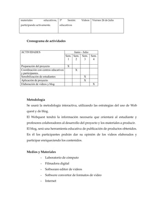 materiales          educativos,   3°    Sesión:    Videos   Viernes 24 de Julio
participando activamente.         educativos




     Cronograma de actividades


ACTIVIDADES                                  Junio - Julio
                                       Sem. Sem. Sem. Sem.
                                        1     2       3    4

Preparación del proyecto                X
Coordinación con centros educativos            X
y participantes.
Sensibilización de estudiantes                      X
Aplicación de proyecto                              X
Elaboración de videos y blog                                X




     Metodología
     Se usará la metodología interactiva, utilizando las estrategias del uso de Web
     quest y de blog.
     El Webquest tendrá la información necesaria que orientará al estudiante y
     profesores colaboradores al desarrollo del proyecto y los materiales a producir.
     El blog, será una herramienta educativa de publicación de productos obtenidos.
     En él los participantes podrán dar su opinión de los videos elaborados y
     participar enriqueciendo los contenidos.


     Medios y Materiales
                -    Laboratorio de cómputo
                -    Filmadora digital
                -    Softweare editor de videos
                -    Softwere convertor de formatos de video
                -    Internet
 