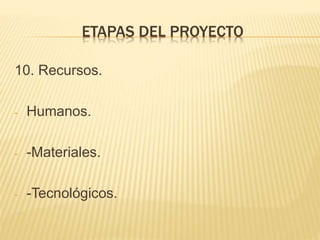 10. Recursos.
- Humanos.
- -Materiales.
- -Tecnológicos.
ETAPAS DEL PROYECTO
 