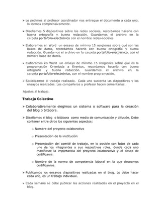  Le pedimos al profesor coordinador nos entregue el documento a cada uno,
lo leemos comprensivamente.
 Diseñamos 5 diapositivas sobre las redes sociales, recordamos hacerlo con
buena ortografía y buena redacción. Guardamos el archivo en la
carpeta portafolio-electrónico con el nombre redes-sociales
 Elaboramos en Word un ensayo de mínimo 15 renglones sobre qué son las
bases de datos, recordamos hacerlo con buena ortografía y buena
redacción. Guardamos el archivo en la carpeta portafolio-electrónico, con el
nombre base-de-datos.
 Elaboramos en Word un ensayo de mínimo 15 renglones sobre qué es la
programación Orientada a Eventos, recordamos hacerlo con buena
ortografía y buena redacción. Guardamos el archivo en la
carpeta portafolio-electrónico, con el nombre programación.
 Socializamos el trabajo realizado. Cada uno sustenta las diapositivas y los
ensayos realizados. Los compañeros y profesor hacen comentarios.
Ajustes al trabajo.
Trabajo Colectivo
 Colaborativamente elegimos un sistema o software para la creación
del blog o bitácora.
 Diseñamos el blog o bitácora como medio de comunicación y difusión. Debe
contener entre otros los siguientes aspectos:
o Nombre del proyecto colaborativo
o Presentación de la institución
o Presentación del comité de trabajo, en lo posible con fotos de cada
uno de los integrantes y sus respectivos roles, donde cada uno
manifieste la importancia del proyecto colaborativo y el deseo de
certificarse.
o Nombre de la norma de competencia laboral en la que deseamos
certificarnos.
 Publicamos los ensayos diapositivas realizadas en el blog. Lo debe hacer
cada uno, es un trabajo individual.
 Cada semana se debe publicar las acciones realizadas en el proyecto en el
blog.
 