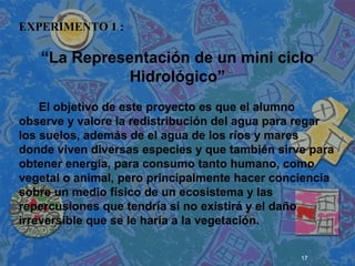 17
 
 
 
EXPERIMENTO 1 :
“La Representación de un mini ciclo
Hidrológico”
El objetivo de este proyecto es que el alumno
observe y valore la redistribución del agua para regar
los suelos, además de el agua de los ríos y mares
donde viven diversas especies y que también sirve para
obtener energía, para consumo tanto humano, como
vegetal o animal, pero principalmente hacer conciencia
sobre un medio físico de un ecosistema y las
repercusiones que tendría si no existirá y el daño
irreversible que se le haría a la vegetación.
 