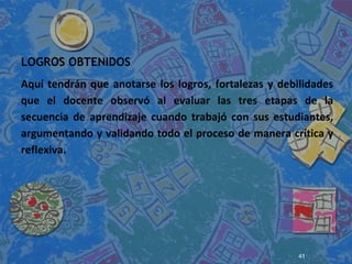 41
LOGROS OBTENIDOS
Aquí tendrán que anotarse los logros, fortalezas y debilidades
que el docente observó al evaluar las tres etapas de la
secuencia de aprendizaje cuando trabajó con sus estudiantes,
argumentando y validando todo el proceso de manera crítica y
reflexiva.
 