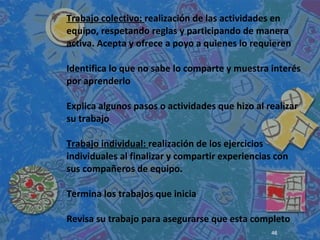 Trabajo colectivo: realización de las actividades en
equipo, respetando reglas y participando de manera
activa. Acepta y ofrece a poyo a quienes lo requieren
Identifica lo que no sabe lo comparte y muestra interés
por aprenderlo
Explica algunos pasos o actividades que hizo al realizar
su trabajo
Trabajo individual: realización de los ejercicios
individuales al finalizar y compartir experiencias con
sus compañeros de equipo.
Termina los trabajos que inicia
Revisa su trabajo para asegurarse que esta completo
46
 