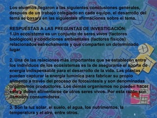 8
 
 
 
Los alumnos llegaron a las siguientes conclusiones generales,
después de un trabajo colegiado en cada equipo, el desarrollo del
tema se basará en las siguientes afirmaciones sobre el tema.
RESPUESTAS A LAS PREGUNTAS DE INVESTIGACIÓN:
1.Un ecosistema es un conjunto de seres vivos (factores
biológicos) y condiciones ambientales (factores físicos)
relacionados estrechamente y que comparten un determinado
lugar.
2. Una de las relaciones más importantes que se establecen entre
los individuos de los ecosistemas es la de asegurarse el aporte de
energía indispensable para el desarrollo de la vida. Las plantas
pueden capturar la energía lumínica para fabricar su propio
alimento a través del proceso de fotosíntesis y son denominadas
organismos productores. Los demás organismos no pueden hacer
esto y deben alimentarse de otros seres vivos. Por esta razón son
llamados consumidores.
3. Son la luz solar, el suelo, el agua, los nutrimentos, la
temperatura y el aire, entre otros.
 