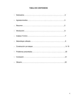 4
TABLA DE CONTENIDOS
- Dedicatoria………………………………………………………………………2
- Agradecimientos………………………………………………………………..3
- Resumen………………………………………………………………………...5
- Introducción……………………………………………………………………...6
- Análisis F.O.D.A…………………………………………………………………7
- Metodología utilizada……………………………………………………………8
- Construcción por etapas……………………………………………………….. 9- 19
- Problemas presentados…………………………………………………………20
- Conclusión………………………………………………………………………..21
- Glosario…………………………………………………………………………..22
 