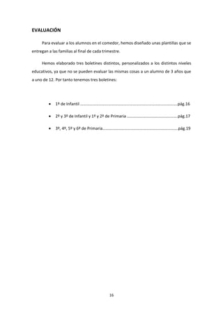 EVALUACIÓN
Para evaluar a los alumnos en el comedor, hemos diseñado unas plantillas que se
entregan a las familias al final de cada trimestre.
Hemos elaborado tres boletines distintos, personalizados a los distintos niveles
educativos, ya que no se pueden evaluar las mismas cosas a un alumno de 3 años que
a uno de 12. Por tanto tenemos tres boletines:



1º de Infantil ………………………………………………………………………………….pág.16



2º y 3º de Infantil y 1º y 2º de Primaria ………………………………………….pág.17



3º, 4º, 5º y 6º de Primaria……………………………………………………………….pág.19

16

 