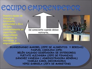 Sé consciente cuando debes retirarte. Nuestro equipo de trabajo es totalmente profesional y día a día esta constantemente en capacitación  desarrollando proyectos de innovación  y emprendimiento .  GUANDINANGO MARIBEL (JEFE DE ALIMENTOS  Y BEBIDAS) PASPUEL CAROLINA (OPR) BELÉN SALGADO DISEÑADORA DE INTERIORES) PUETATE ALEJANDRA (JEFE DE FINANZAS) SÀNCHEZ VANESSA ( ADMINISTRADORA GENERAL) YASELGA KAROL (DECORADORA) YEPEZ GABRIELA (JEFA DE MARKETING) 