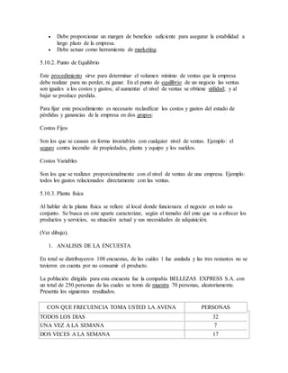  Debe proporcionar un margen de beneficio suficiente para asegurar la estabilidad a
largo plazo de la empresa.
 Debe actuar como herramienta de marketing.
5.10.2. Punto de Equilibrio
Este procedimiento sirve para determinar el volumen mínimo de ventas que la empresa
debe realizar para no perder, ni ganar. En el punto de equilibrio de un negocio las ventas
son iguales a los costos y gastos; al aumentar el nivel de ventas se obtiene utilidad; y al
bajar se produce perdida.
Para fijar este procedimiento es necesario reclasificar los costos y gastos del estado de
pérdidas y ganancias de la empresa en dos grupos:
Costos Fijos
Son los que se causan en forma invariables con cualquier nivel de ventas. Ejemplo: el
seguro contra incendio de propiedades, planta y equipo y los sueldos.
Costos Variables
Son los que se realizan proporcionalmente con el nivel de ventas de una empresa. Ejemplo:
todos los gastos relacionados directamente con las ventas.
5.10.3. Planta física
Al hablar de la planta física se refiere al local donde funcionara el negocio en todo su
conjunto. Se busca en este aparte caracterizar, según el tamaño del ente que va a ofrecer los
productos y servicios, su situación actual y sus necesidades de adquisición.
(Ver dibujo).
1. ANALISIS DE LA ENCUESTA
En total se distribuyeron 108 encuestas, de las cuáles 1 fue anulada y las tres restantes no se
tuvieron en cuenta por no consumir el producto.
La población dirigida para esta encuesta fue la compañía BELLEZAS EXPRESS S.A. con
un total de 250 personas de las cuales se tomo de muestra 70 personas, aleatoriamente.
Presenta los siguientes resultados.
CON QUE FRECUENCIA TOMA USTED LA AVENA PERSONAS
TODOS LOS DIAS 32
UNA VEZ A LA SEMANA 7
DOS VECES A LA SEMANA 17
 