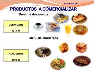 Menú de desayunos
   Menú de desayunos

DESAYUNOS

 Q.15.00

            Menú de almuerzos



ALMUERZOS

 Q.20.00


                                12
 
